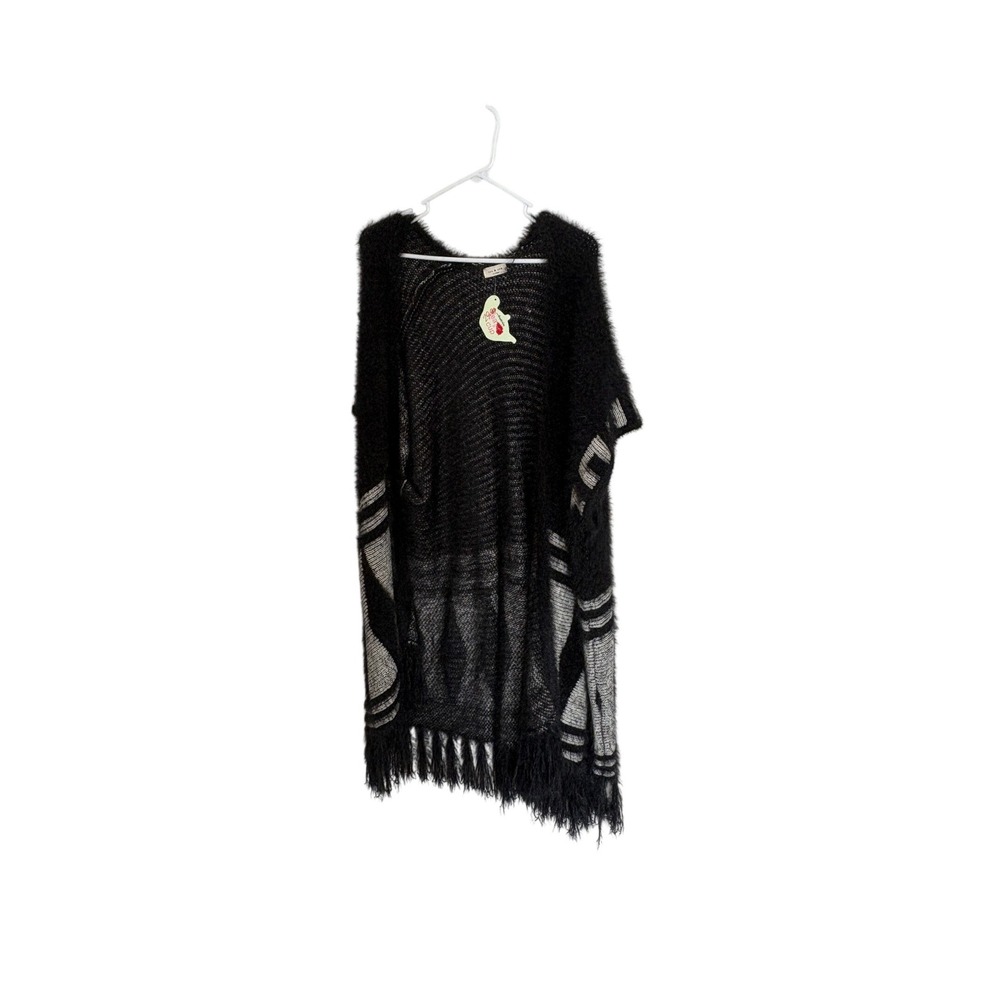Tea & Cup Black Tan Faux Fur Eyelash Knit Fringe Poncho Vest TC-143 One Size